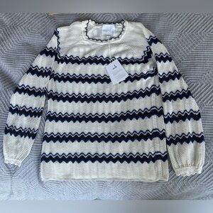 NWT Molli milk white striped pointelle top pure cotton blue black zigzag stripes